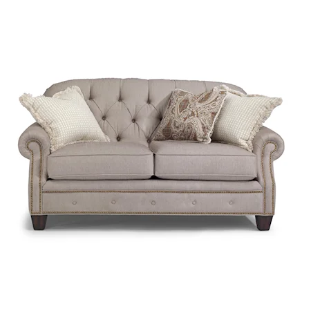 Transitional Button-Tufted Loveseat with Rolled Arms and Nailheads